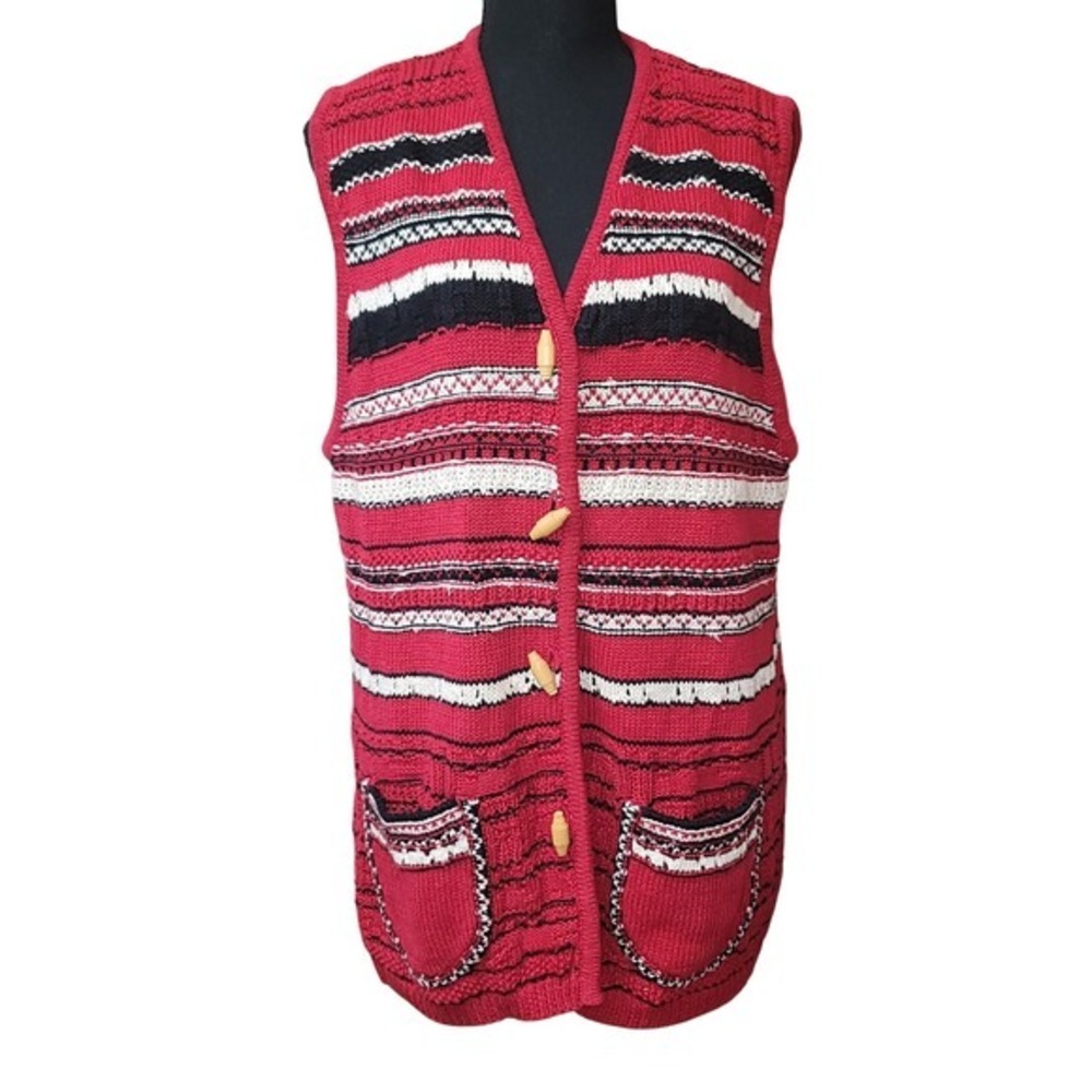 VTG Russ Sport Chunky Stripe Knit Sweater Vest L 80's Y2K Ski Cabincore Grandma